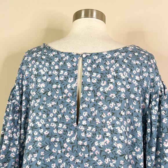 Torrid | Floral Powder Blue White Button V Neck Bell Puff Sleeve Mini Dress 16 - Picture 8 of 11